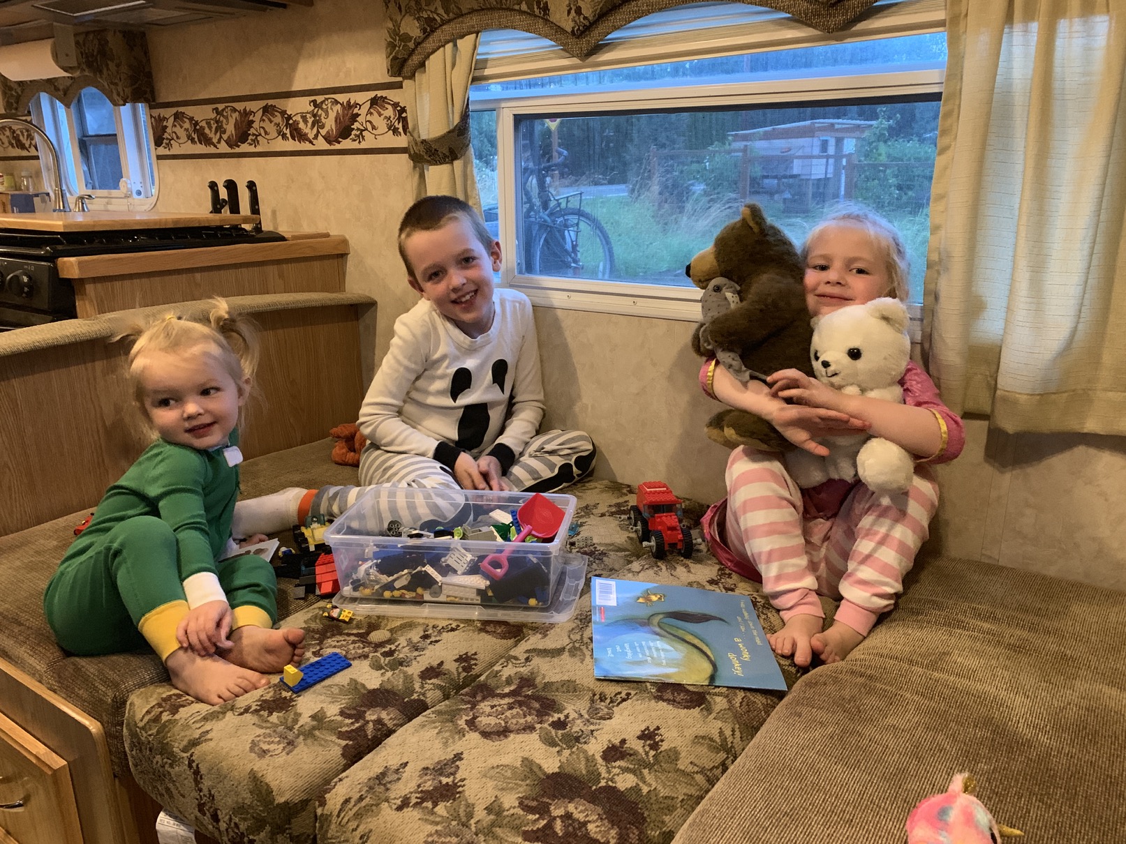 camper time with kids and bear